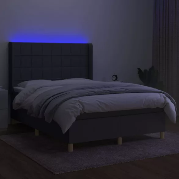 sötétszürke szövet rugós és LED-es ágy matraccal 140x200 cm