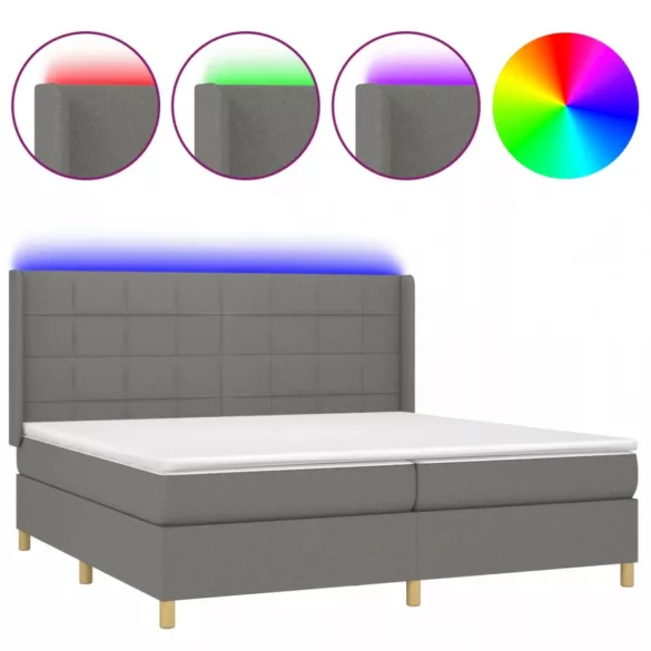 sötétszürke szövet rugós és LED-es ágy matraccal 200x200 cm