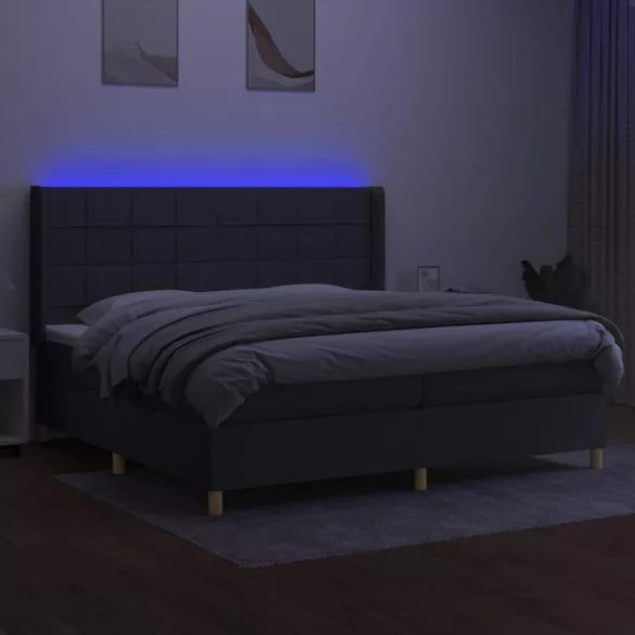 sötétszürke szövet rugós és LED-es ágy matraccal 200x200 cm