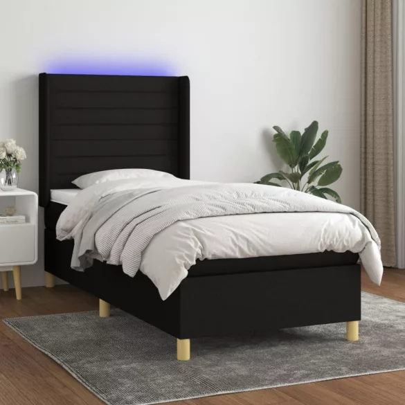 fekete szövet rugós és LED-es ágy matraccal 90x190 cm