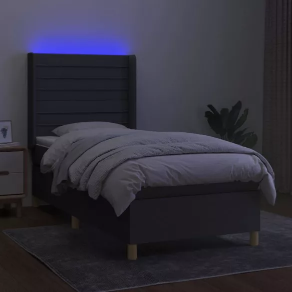 sötétszürke szövet rugós és LED-es ágy matraccal 100x200 cm