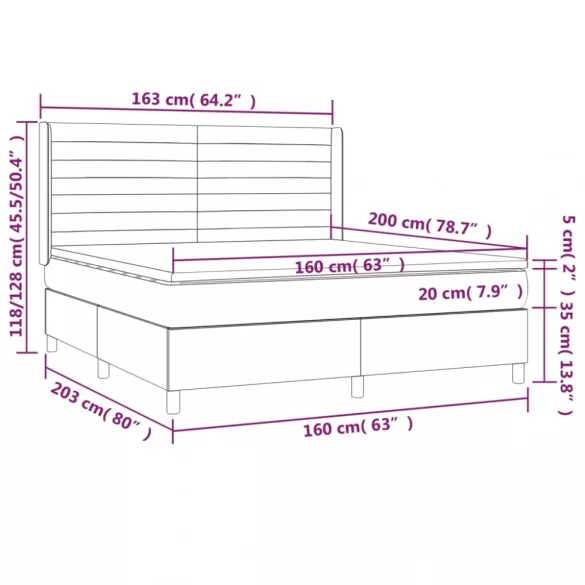 sötétszürke szövet rugós és LED-es ágy matraccal 160x200 cm