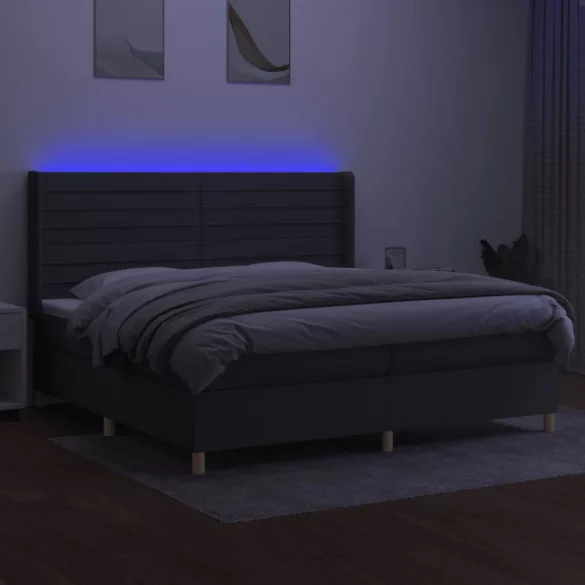 sötétszürke szövet rugós és LED-es ágy matraccal 200x200 cm