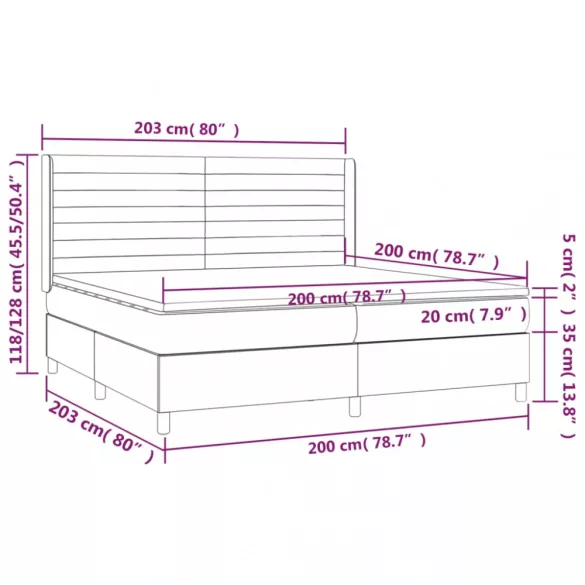 sötétszürke szövet rugós és LED-es ágy matraccal 200x200 cm
