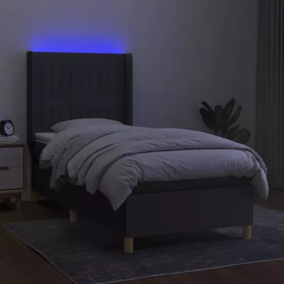 sötétszürke szövet rugós és LED-es ágy matraccal 80 x 200 cm