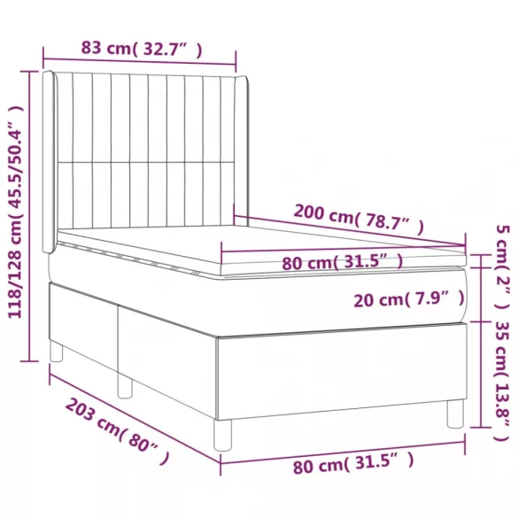 fekete szövet rugós és LED-es ágy matraccal 80 x 200 cm