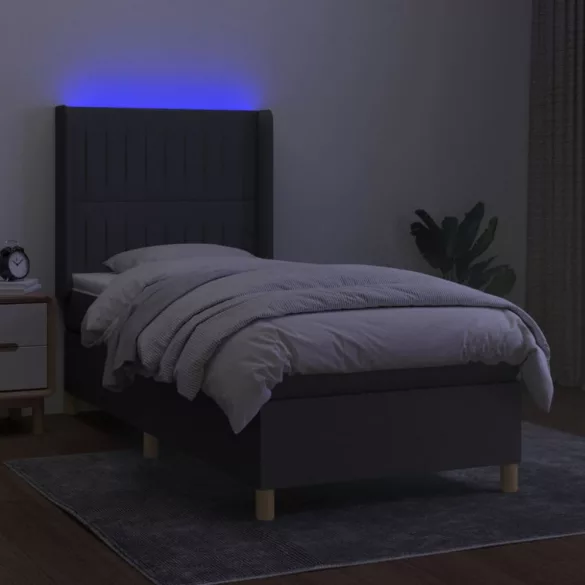 sötétszürke szövet rugós és LED-es ágy matraccal 90x190 cm