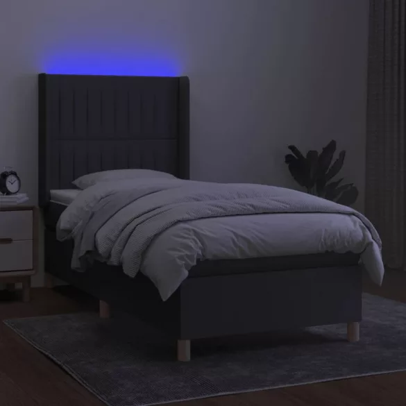 sötétszürke szövet rugós és LED-es ágy matraccal 90x200 cm