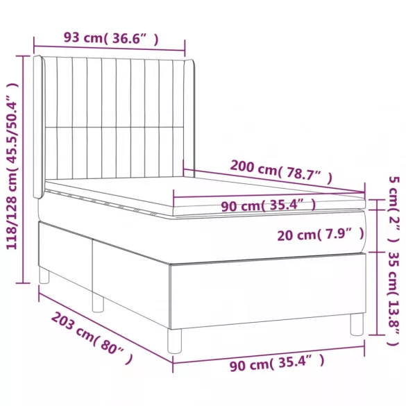 sötétszürke szövet rugós és LED-es ágy matraccal 90x200 cm