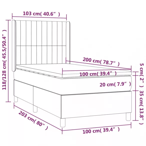 sötétszürke szövet rugós és LED-es ágy matraccal 100x200 cm