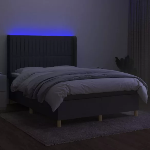 sötétszürke szövet rugós és LED-es ágy matraccal 140x200 cm