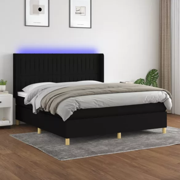 fekete szövet rugós és LED-es ágy matraccal 180 x 200 cm