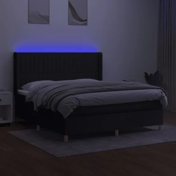 fekete szövet rugós és LED-es ágy matraccal 180 x 200 cm