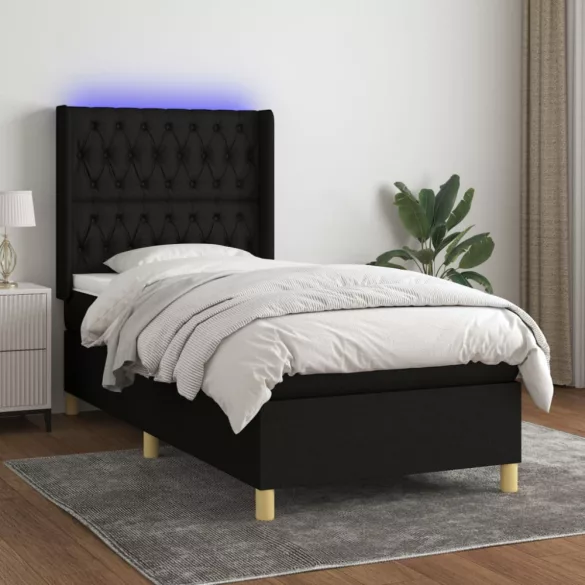 fekete szövet rugós és LED-es ágy matraccal 80 x 200 cm