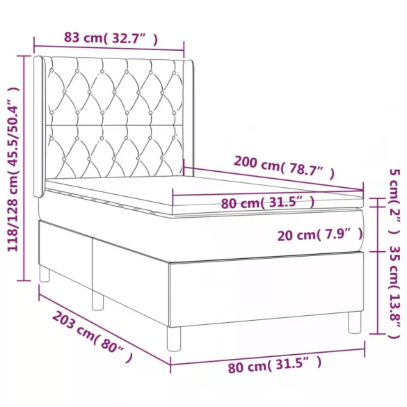 fekete szövet rugós és LED-es ágy matraccal 80 x 200 cm