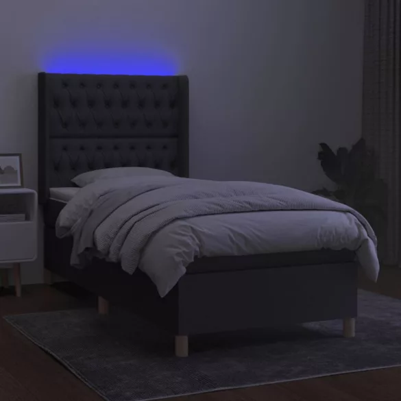 sötétszürke szövet rugós és LED-es ágy matraccal 90x190 cm