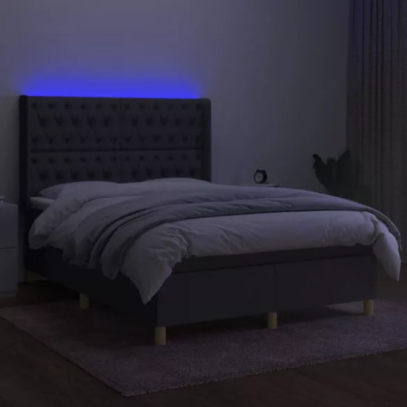 sötétszürke szövet rugós és LED-es ágy matraccal 140x190 cm