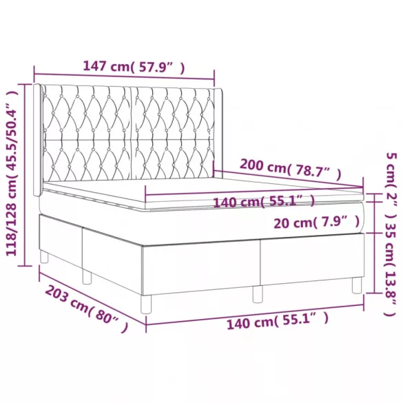 sötétszürke szövet rugós és LED-es ágy matraccal 140x200 cm