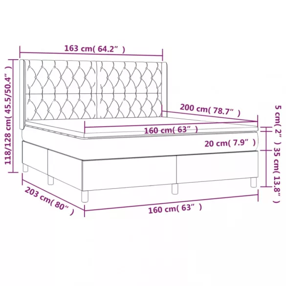 fekete szövet rugós és LED-es ágy matraccal 160x200 cm