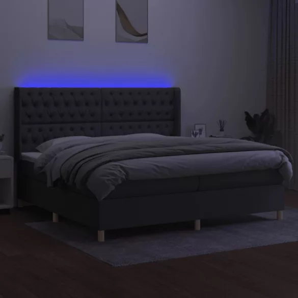 sötétszürke szövet rugós és LED-es ágy matraccal 200x200 cm