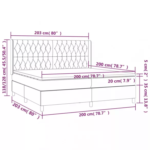 sötétszürke szövet rugós és LED-es ágy matraccal 200x200 cm