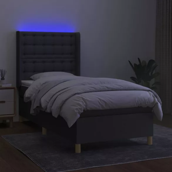 sötétszürke szövet rugós és LED-es ágy matraccal 80 x 200 cm