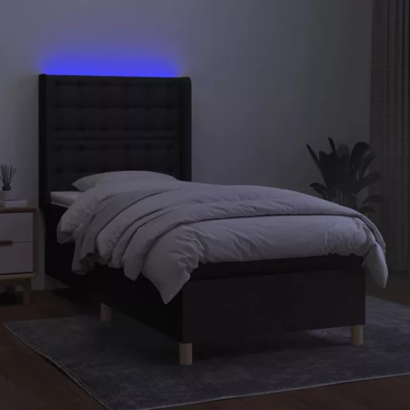fekete szövet rugós és LED-es ágy matraccal 90x190 cm