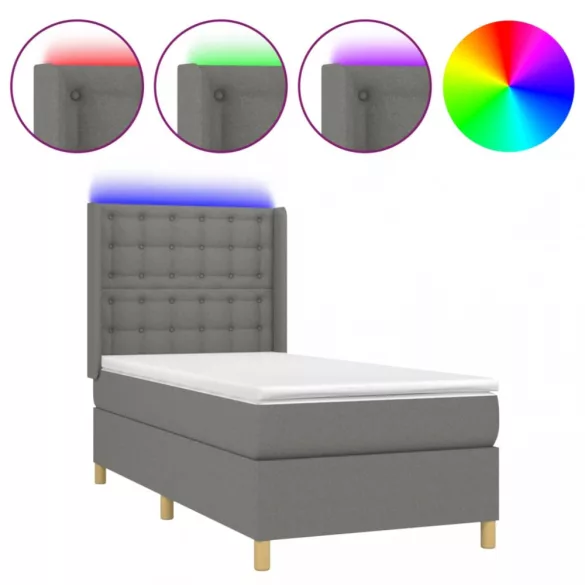 sötétszürke szövet rugós és LED-es ágy matraccal 90x200 cm