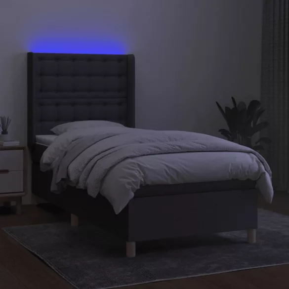 sötétszürke szövet rugós és LED-es ágy matraccal 90x200 cm