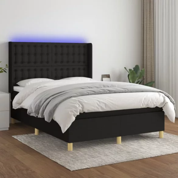 fekete szövet rugós és LED-es ágy matraccal 140x190 cm