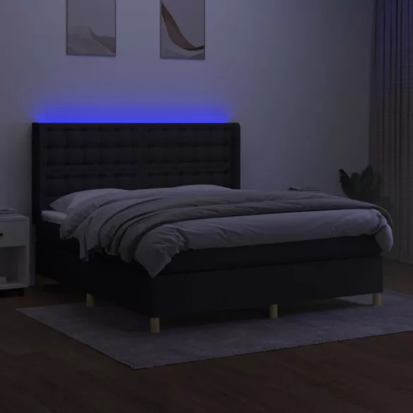 fekete szövet rugós és LED-es ágy matraccal 180 x 200 cm