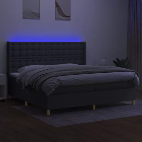 sötétszürke szövet rugós és LED-es ágy matraccal 200x200 cm