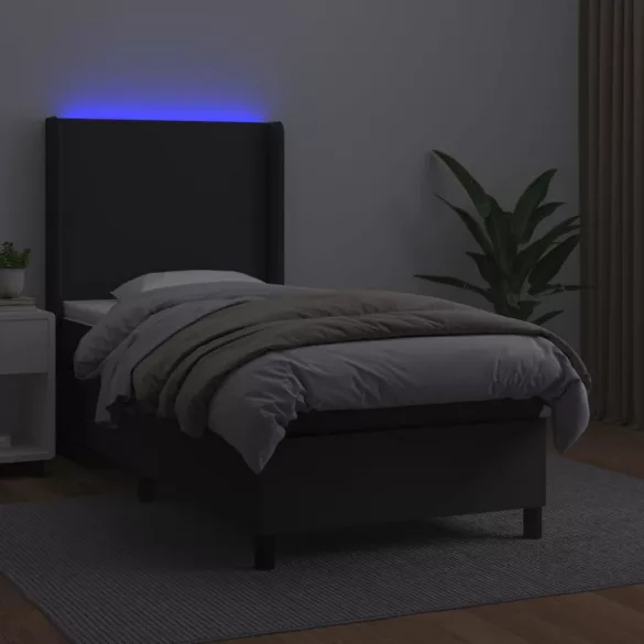 fekete műbőr rugós ágy matraccal és LED-del 80 x 200 cm