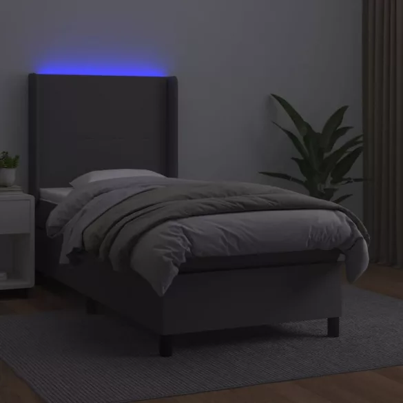 szürke műbőr rugós ágy matraccal és LED-del 80 x 200 cm