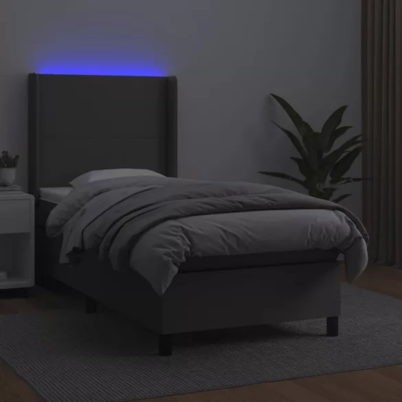 szürke műbőr rugós ágy matraccal és LED-del 90x190 cm