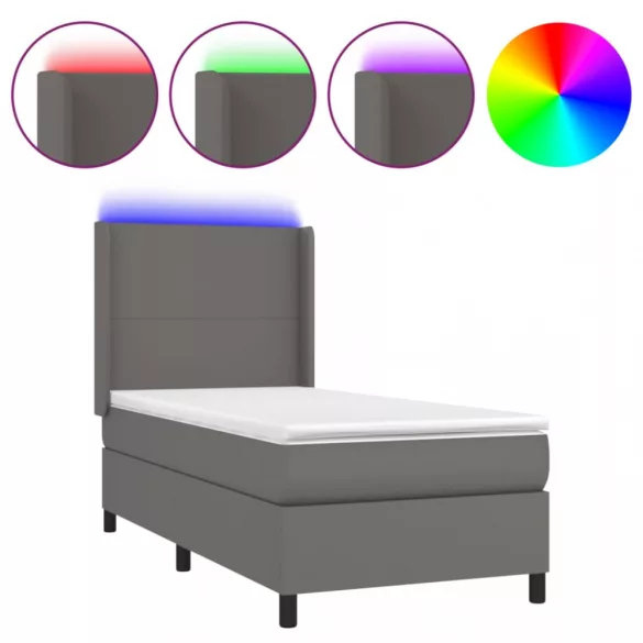 szürke műbőr rugós ágy matraccal és LED-del 90x200 cm
