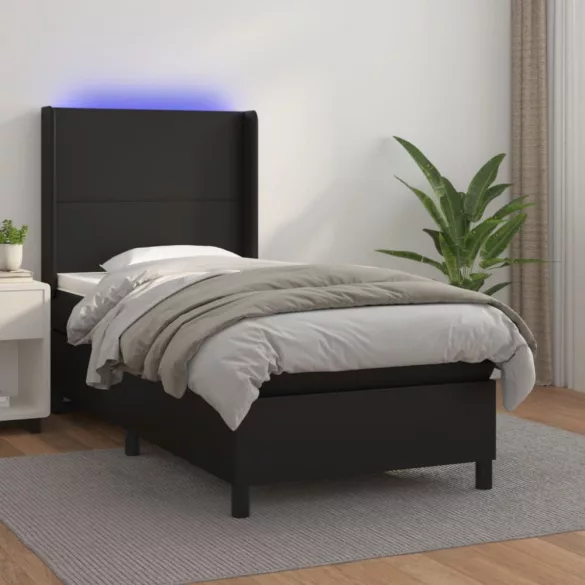 fekete műbőr rugós ágy matraccal és LED-del 100x200 cm