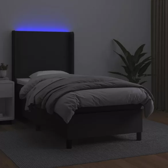 fekete műbőr rugós ágy matraccal és LED-del 100x200 cm