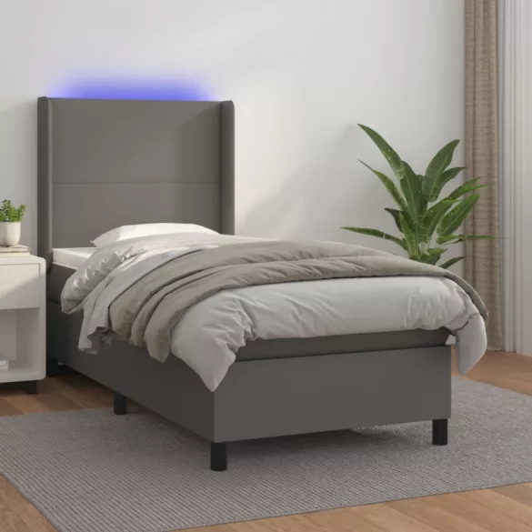 szürke műbőr rugós ágy matraccal és LED-del 100x200 cm