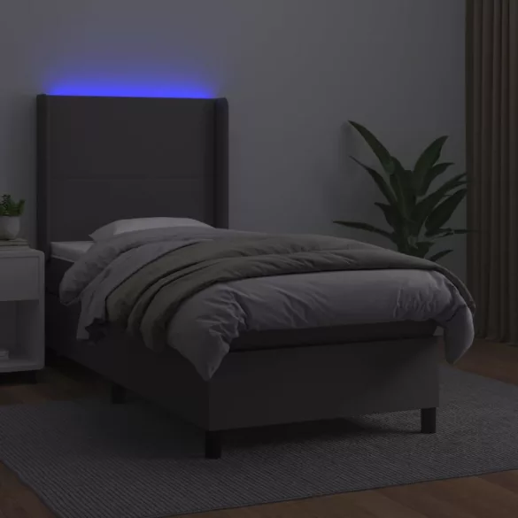 szürke műbőr rugós ágy matraccal és LED-del 100x200 cm