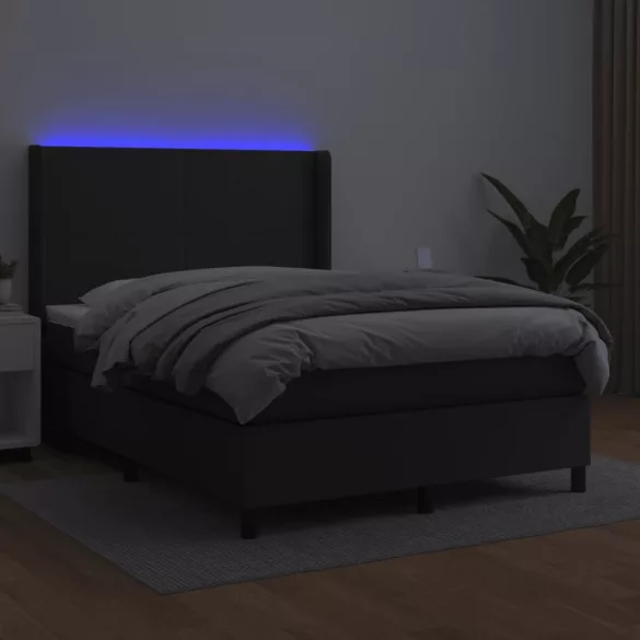 fekete műbőr rugós ágy matraccal és LED-del 140 x 190 cm