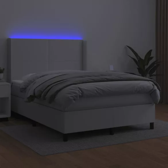 fehér műbőr rugós ágy matraccal és LED-del 140x190 cm
