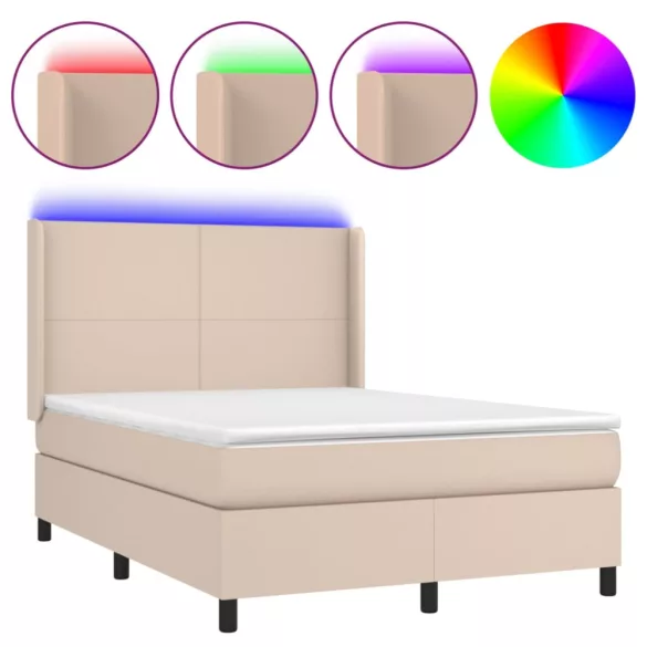 cappuccino színű műbőr rugós ágy matraccal és LED-del 140x190cm