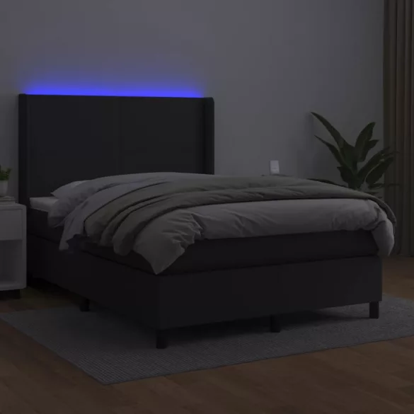 fekete műbőr rugós ágy matraccal és LED-del 140x200 cm