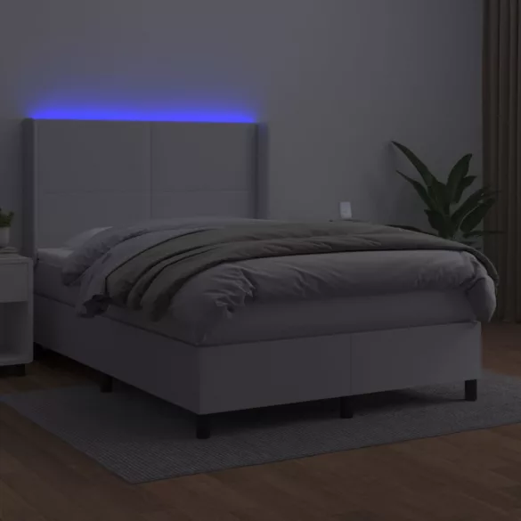 fehér műbőr rugós ágy matraccal és LED-del 140x200 cm