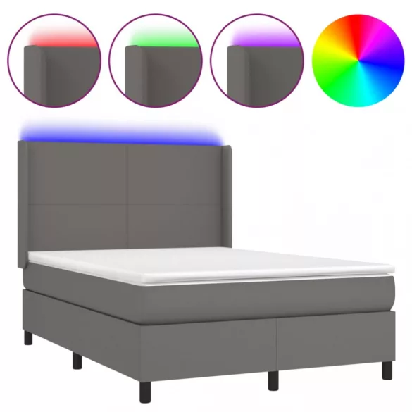szürke műbőr rugós ágy matraccal és LED-del 140x200 cm
