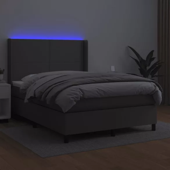 szürke műbőr rugós ágy matraccal és LED-del 140x200 cm