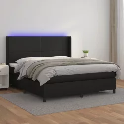 fekete műbőr rugós ágy matraccal és LED-del 160x200 cm