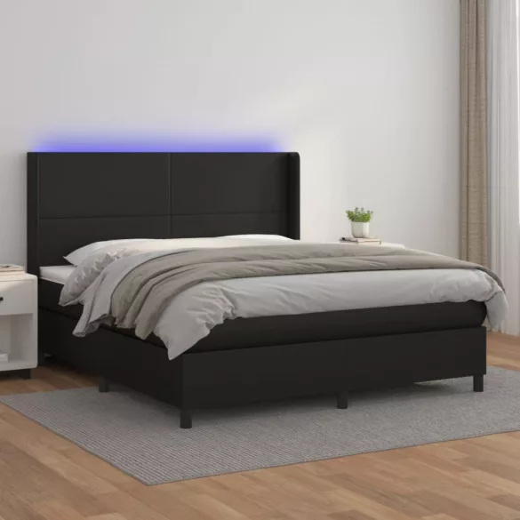 fekete műbőr rugós ágy matraccal és LED-del 160x200 cm