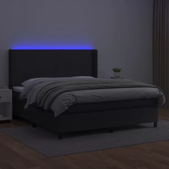 fekete műbőr rugós ágy matraccal és LED-del 160x200 cm